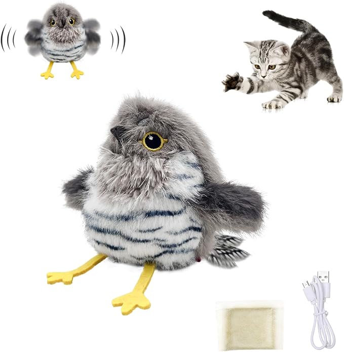 Petgravity Flapping Bird Cat Toy, Lifelike Chirp Tweet Kitten Toy, Rechargeable Touch Activated Cat Toy Interactive Catnip Toy Exercise Toys for All Breeds 5.1" (Gray)