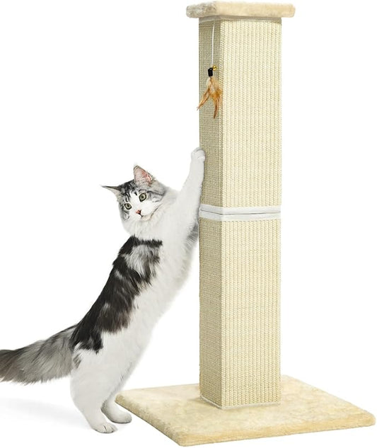 Made4Pets Cat Scratching Post, 32 Inch Natural Sisal Cat Scratcher with Kitten Toy, Tall Scratching Post for Indoor Cats Adults and Kittens, Beige