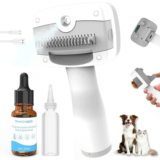 Pet Steam Brush for Dogs & Cats – Self Cleaning, 3 in 1 Hair Removal Comb Steam for Shedding & Dematting for Long & Short Haired Pets,Includes Pet Essence
