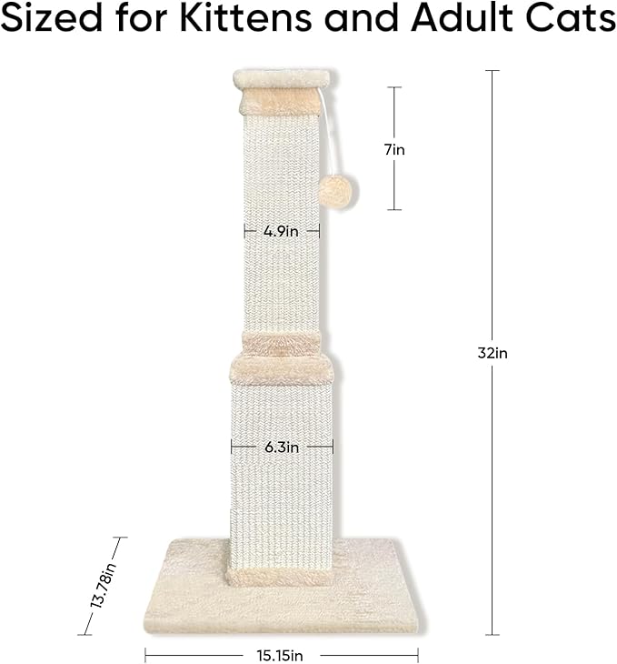 AGYM Cat Scratching Post, 32 Inch Cat Scratching Post for Large Cats, Scratching Posts for Indoor Cats Adults, Cat Scratch Post with Nature Sisal, Beige