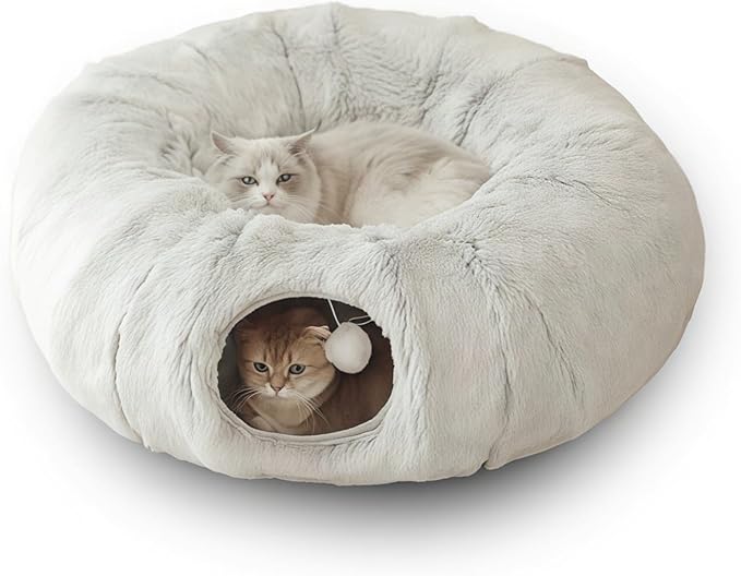 Cat Bed, Tunnel cat Bed, Foldable Furry cat Bed, Grey (33.46 inches), with Hanging Toys, Suitable for Multiple Cats Machine Washable
