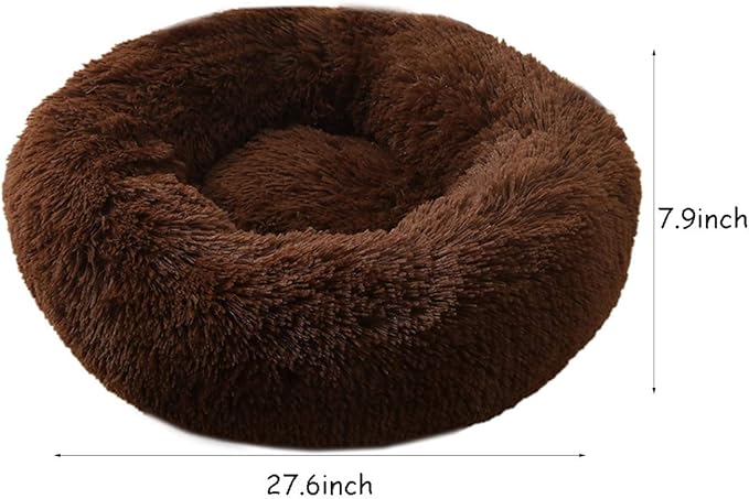 BODISEINT Faux Fur Dog Bed, Shag Round Anti-Anxiety Pet Calming Doughnut Cuddler for Medium Large Puppy Dog Cat Kennel Cushion Self Warming Bed (28'' D x 8'' H, Chocolate)
