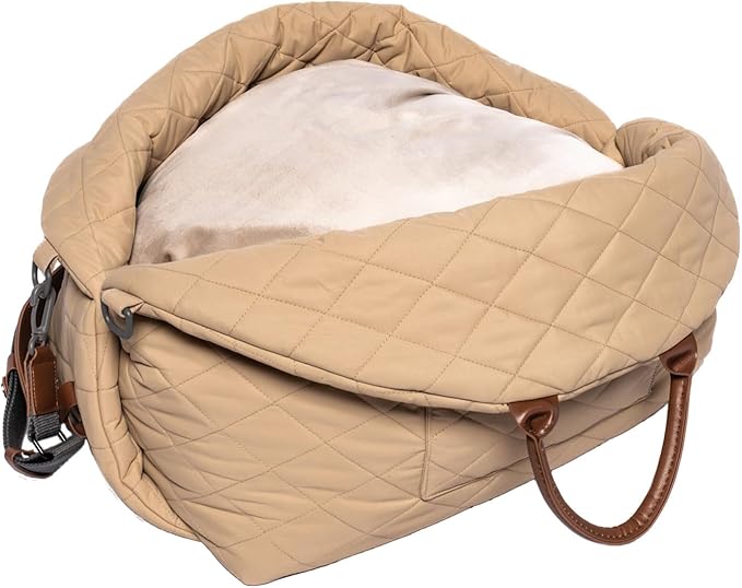 4 Cats & Dogs Mew Mew Travel Pet Bed – Soft Carrier for Small Dogs & Cats, Water-Resistant Quilted Shell, Adjustable Belts for Car Travel, Anti-Slip Bottom, Portable Pet Bed & Travel Bag - Caramel