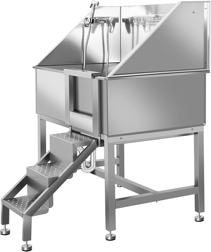 38" Pet Dog Bathing Station W/Ramp, Professional Stainless Steel Dog Grooming Tub W/Soap Box, Faucet, Rich Accessory, Dog Bathtub for Large, Medium, Small Pets, Washing Sink for Home,R-RAMP