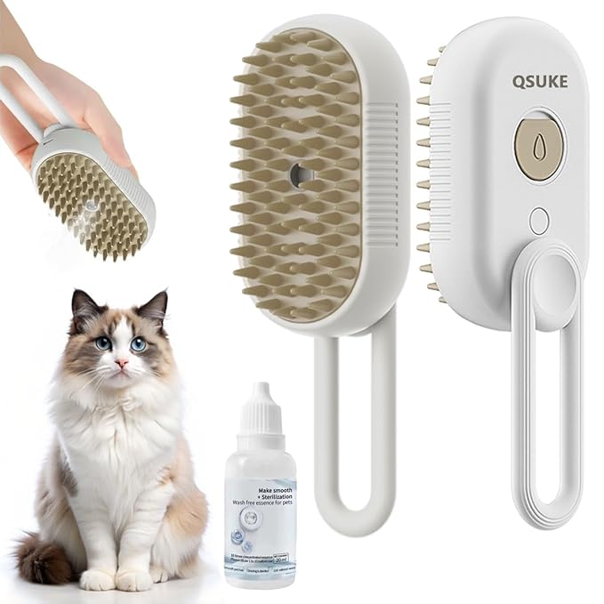 Cat Steam Brush, 3 in 1 Pet Steam Cats Brushes Rechargeable Anti-Static Grooming Brushe, Vibration Massage Cleaning Shedding & Combing Multifunctional Hair Removal Comb for Cats Dog (White)