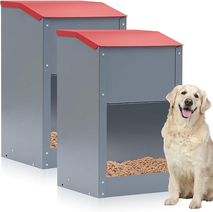 2 Pcs 25 Lbs Large Galvanized Automatic Dog Feeder Dog Food Dispenser with Handle Acrylic Panel Galvanized Gravity Feeder Thickened Rust Proof Outdoor Hanging for Doggie Breed Food Container