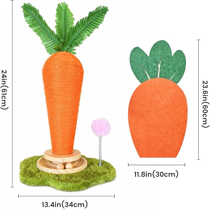 Carrot Cat Scratching Post and Wall Mounted Scratching Mat, Cute Tall Scratching Post,Indoor Nature Sisal Cat Scratcher for Cats and Kittens