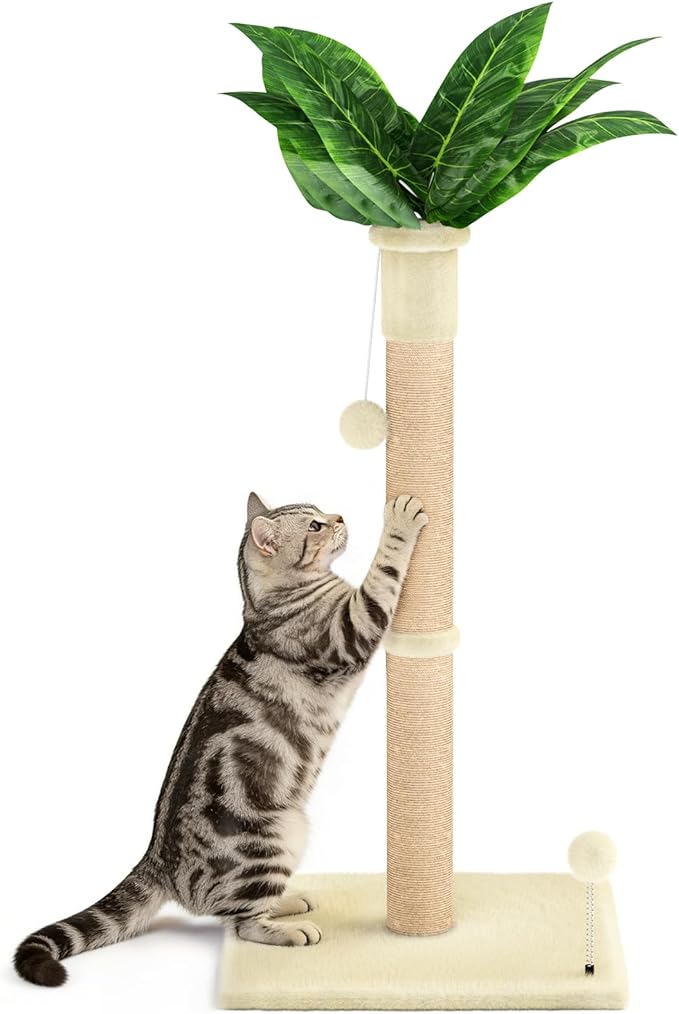 XiaZ Cat Scratching Post 34'' Tall, Cat Scratchers Tree Tower for Indoor Kitten with Extra Wide 15.8" Stable Base and 2 Toy Balls, Natural Sisal & Plush Fabric for Small, Medium Cats (Beige, 2.8in)