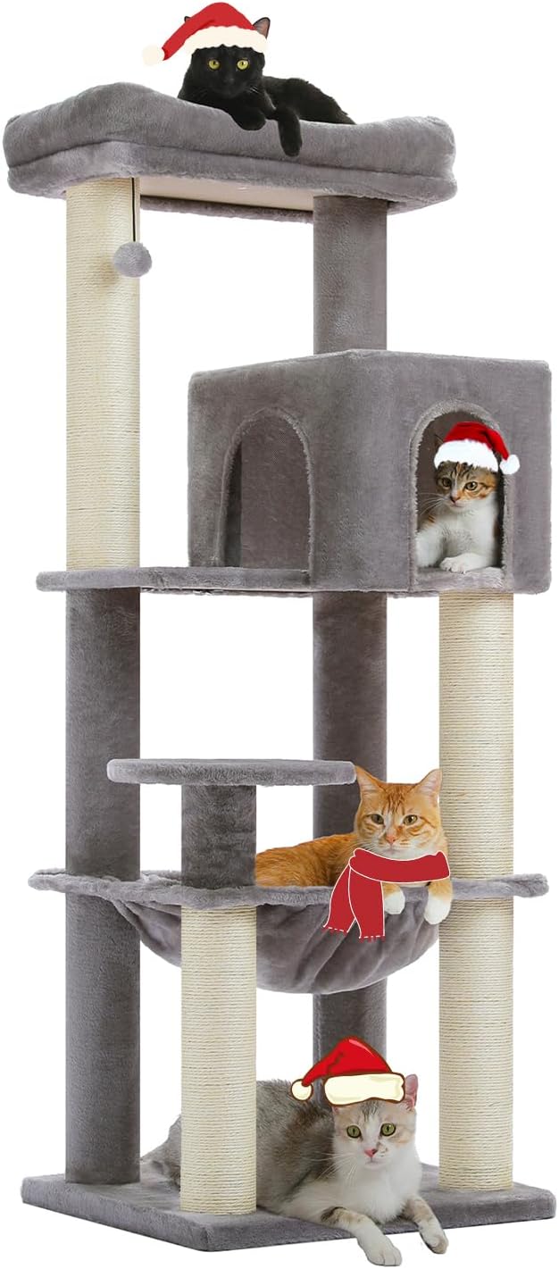 Large Cat Tree for Indoor Cats Large Adult, 57.8" Heavy Duty Cat Tower with Reinforced Scratching Posts (φ3.2in) and Plush Larger Hammock for Maine Coon & Big Cats, Supports 30lbs, Grey