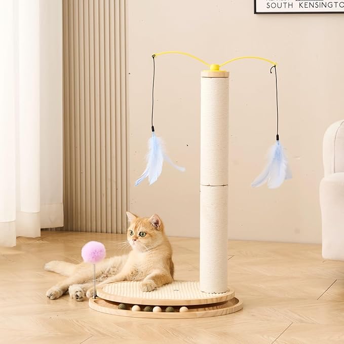 SHENGOCASE Cat Tree Scratching Post Scratcher, 26 Inch Tall, Solid Wood Base,Sisal Rope, Interactive Ball Track and Spinning Wand Feather Toys, Scratch Pad