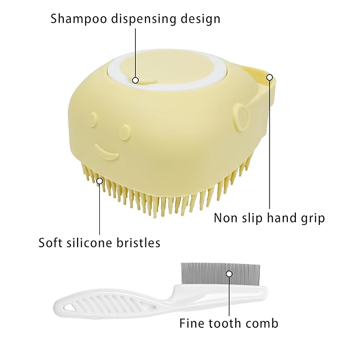 Pet Bath Massage Brush,Pet Bath Brush With Shampoo Dispenser,With Dog Grooming Comb,Suitable for long and short haired dogs and cats(Yellow)