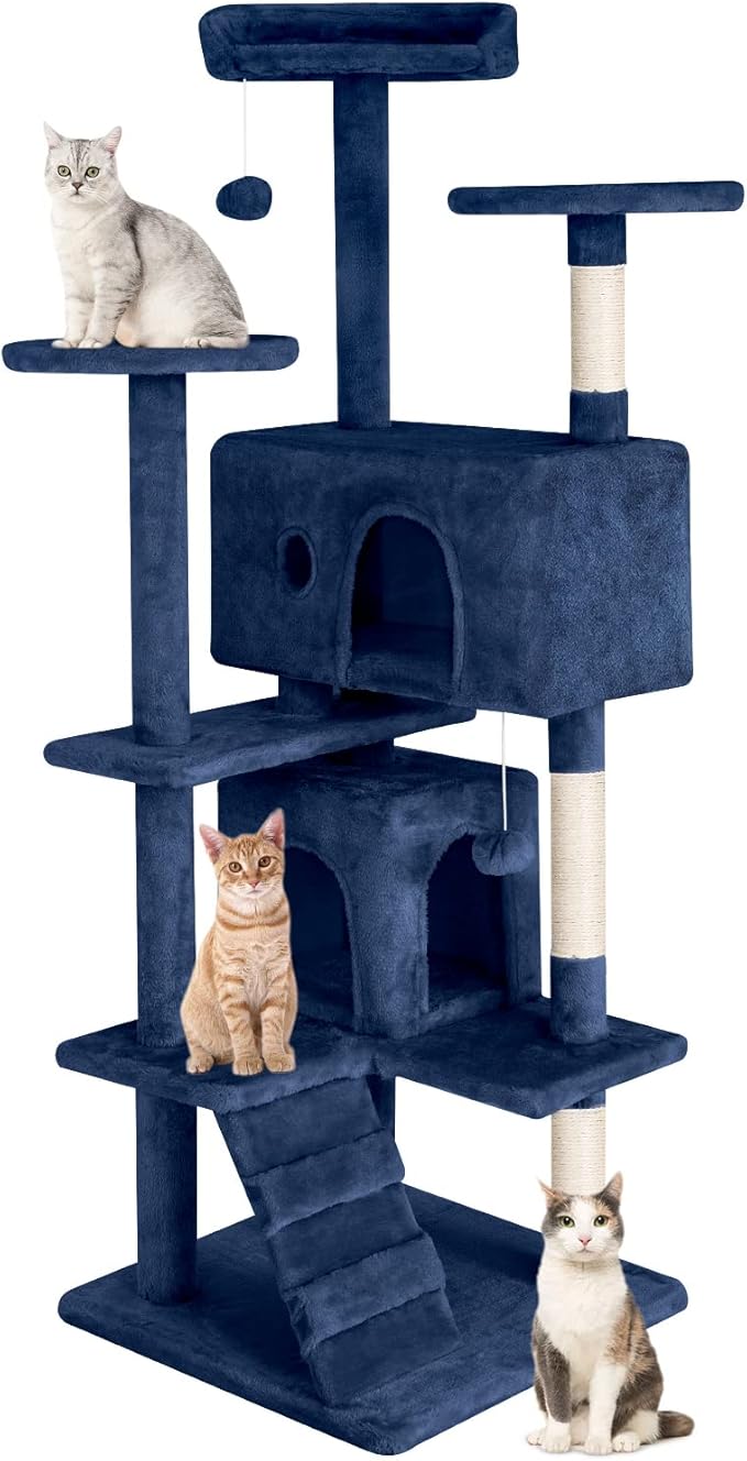 PayLessHere Cat Tree 54in Cat Tower with Cat Scratching Post, Multi-Level Cat Condo Stand House Furniture Kitty Activity Center with Furry Ball Toys for Indoor Cats (Navy Blue)