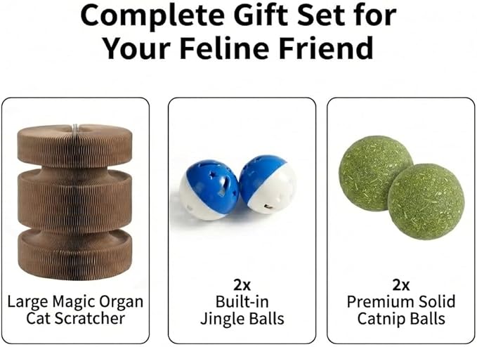 Magic Organ Cat Scratcher Board and Natural Catnip Balls (2-Pack) Bundle - Foldable Interactive Cardboard Toy for Indoor Cats, Exercise & Stress Relief Set