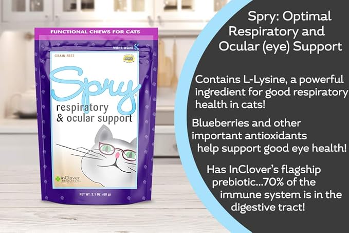 In Clover Spry Daily Respiratory and Ocular Support Soft Chews for Cats, with L-Lysine, Superfoods, and Prebiotics for a Strong Immune System, 2.1 oz. (60 count)