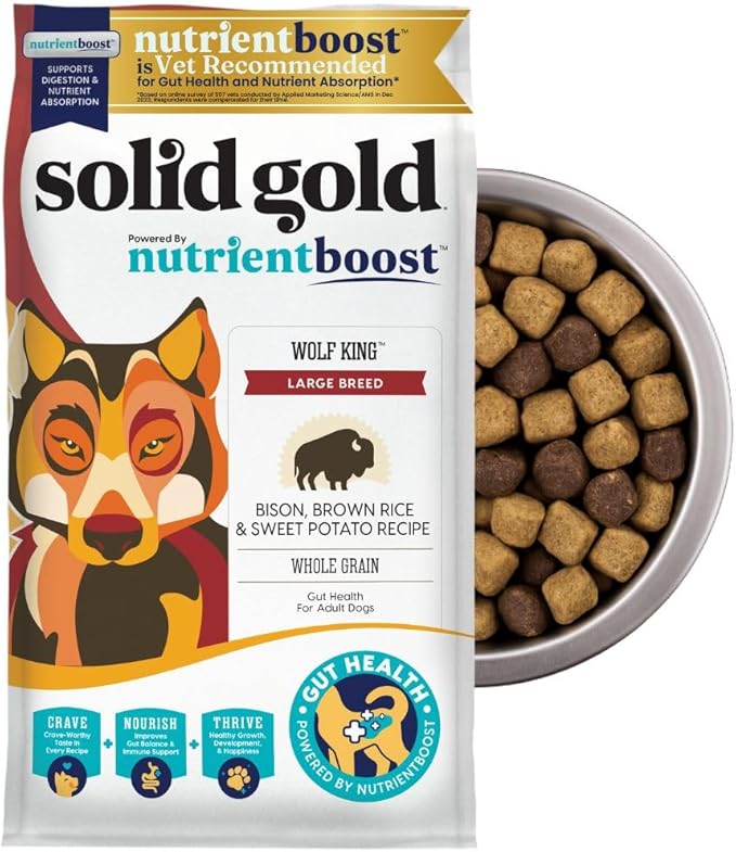 Solid Gold Bison Dry Dog Food for Large Dogs – High Protein, Whole Grain Kibble with Real Bison, Brown Rice & Omega 3 – Large Kibble w/Probiotics for Gut Health - Adult Dog Food - Nutrientboost™– 11LB