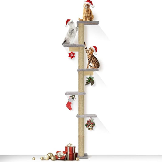PAWSCRAT Wall-Mounted Cat Tree, 5 Tier Floor to Ceiling Cats Tower, 80 Inch Wall-Mounted Cat Scratching Post, Space Saving Cat Furniture and Easliy Climb for All Cats, Gery