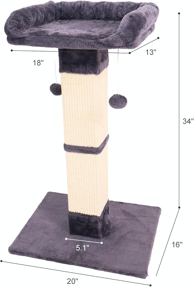 34" Cat Scratching Post for Indoor Cats, Sisal Cat Scratcher with Large Plush Perch, Vertical Posts with Elevated Bed and with Two Dangling Balls, Removable & Washable Cover, Dark Grey
