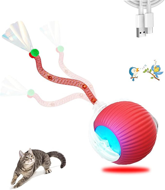 1PC Interactive Cat Toys for Indoor Cats,2025 New Generation Interactive Cat Ball Toy with Elastic Mesh Tail,Automatic Cat/Kitten Toys with Chirping & Motion Activate,Cat Toys for Bored Indoor,Red