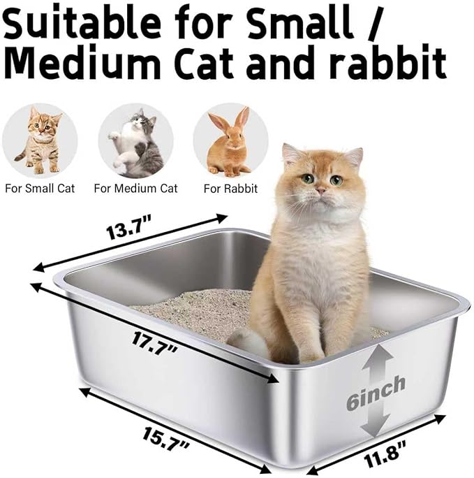 Stainless Steel Litter Box 2 Pack,Medium Metal Litter Box for Kitty/Cat/Rabbits, Easy to Clean, Non Stick Litterbox No Smell for Adult Cats