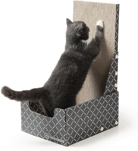 Hide & Scratch Cardboard Cat Scratcher Box & Bed - Dark Grey Diamond (Vertical L-Shaped) | Double-Sided Corrugated Pad for Indoor Cats | Refillable Scratching Board Toy for Play & Furniture Protection