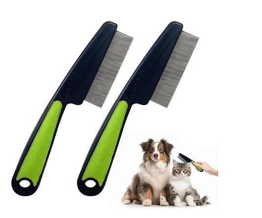2-Pack Upgrade Fine Tooth Flea Comb for Dogs & Cats, Stainless Steel Pet Hair Removal and Massage Brush - Multifunctional Cleaning Comb for Pets(Green)