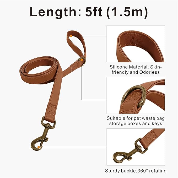 Silicone Dog Collar and Leash Set, Waterproof & Odor-Proof Puppy Collar for Small Dogs, Soft Flexible Leather-Look Dog Collars, Durable Thick Adjustable Pet Collar (Brown, Small (9-14" Neck))