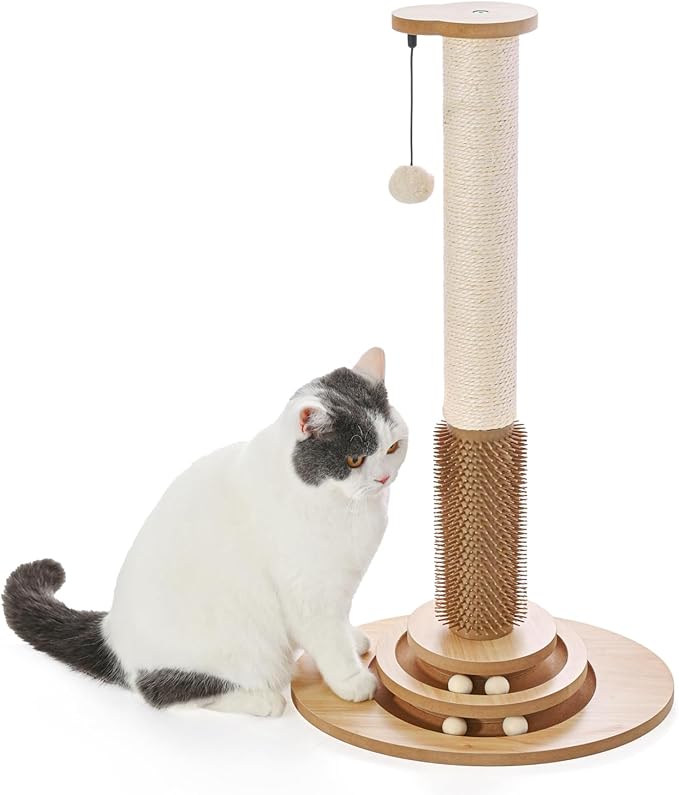 Made4Pets Cat Scratching Post Premium Sisal Cat Scratcher Kitten Toys for Indoor Kittens 28.3" Tall Cat Tower Scratch Post Cat Tree Wooden Interactive Ball Track Cat Toy with Hanging Ball, Beige