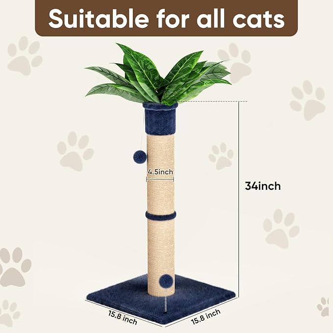 XiaZ Cat Scratching Post 34 Inches Tall, Cat Tower Scratcher Extra Wide 15.8" Stable Base with 2 Interactive Balls, Premium Natural Sisal & Plush Fabric for Small, Medium Large Cats (Navy Blue, 4.5in)