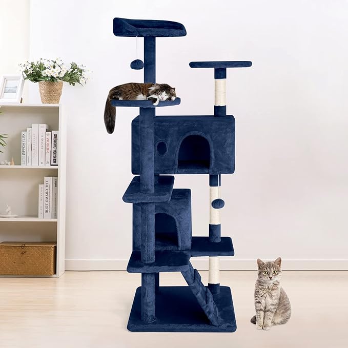 PayLessHere Cat Tree 54in Cat Tower with Cat Scratching Post, Multi-Level Cat Condo Stand House Furniture Kitty Activity Center with Furry Ball Toys for Indoor Cats (Navy Blue)