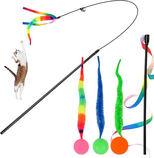 SHENGSEN Feather Wand Cat Toy,Bouncy Ball with Tail Cat Toys,Magic Worm with Large Colorful Ball Toy for Cats,Cat Feather Toys for Indoor Cats,Colorful Fuzzy Worm Bouncy Balls Cat Toy (ADM102-B-3A)