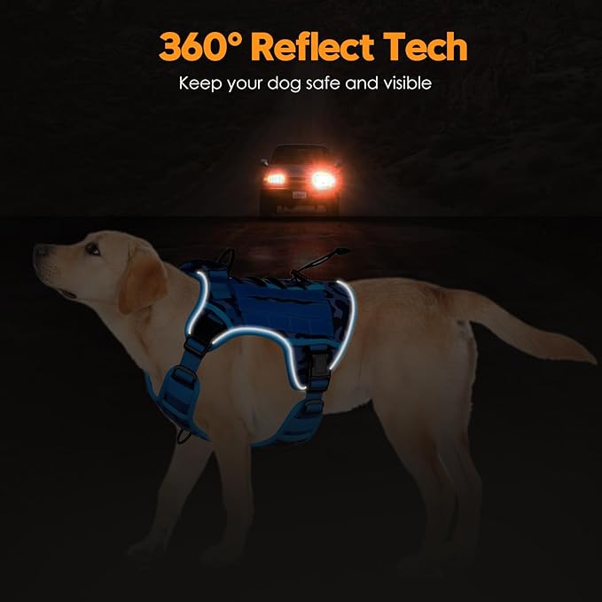 Heavy-Duty Tactical Dog Harness for Large Dogs, No Pull Adjustable Reflective Pet Vest with Molle System, K9 Military-Grade Control for Service Training, Outdoor & 10+ Breeds, Blue Camo, Large