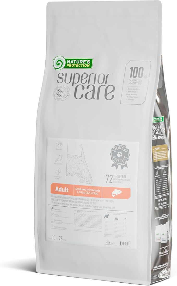 Nature's Protection Dry Dog Food for Small Breed - High Protein, Grain-Free Tear Stain Dog Kibble for White & Light Coated Adult Dogs (Superior Care - Salmon, 22 lb)