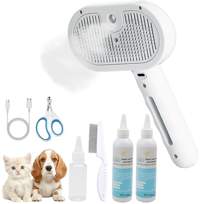 Pet Steam Brush for Shedding– 4-in-1 De-Shedding, Steam Spray, and Self-Cleaning Grooming Tool – Ideal for Long and Short-Haired Pets– Includes 2 Bottles of 120 mL Waterless Shampoo(White)