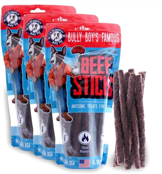 Bully Boy's Famous Beef Sticks Dog Treats | Free from Wheat, Corn, Soy, or Gluten | USA Sourced Ingredients | with Smokehouse Beef | Made in Utah | 15 oz - 3 Pack