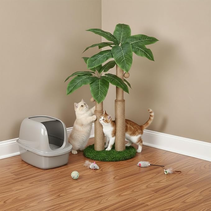 29.7inch Cat Scratching Post,Cat Scratcher Cat Tree with 2 Sisal Scratching Poles & 2 Interactive Dangling Balls,Cats Scratching Posts for Indoor Kitten & Adult Cats (2 Posts Banana Tree)