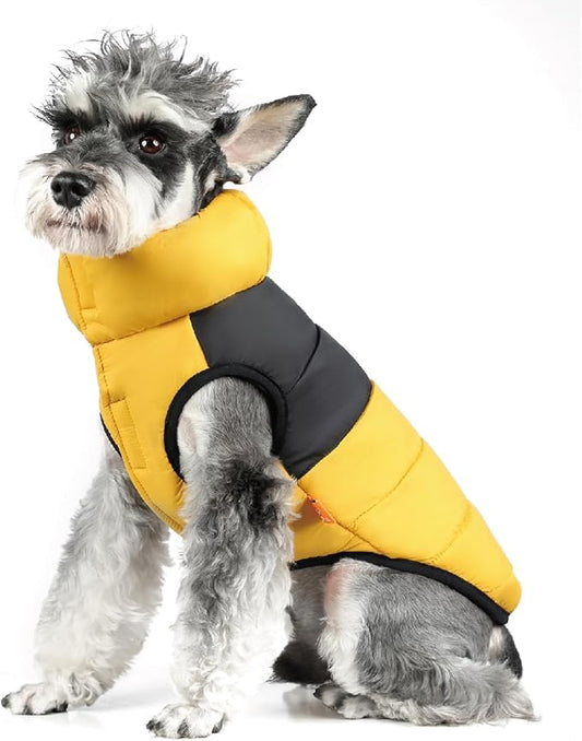 FOFOS Dog Winter Coat, Plush Dog Jacket with Leash Hole, Adjustable Warm Pet Snow Vest for Small Medium Dogs, Yellow, S