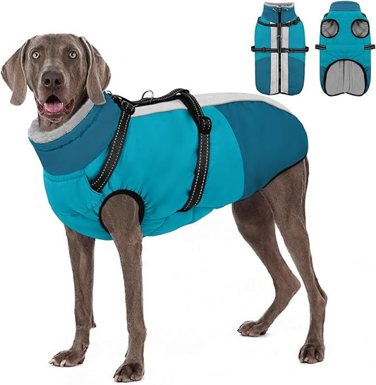 AOFITEE Dog Coat, Windproof Turtleneck Dog Jacket with Built in Harness, Reflective Dogs Jackets with Fleece Lining, Waterproof Pet Winter Coat for Cold Weather for Border Collie, Beagle, Turquoise XL