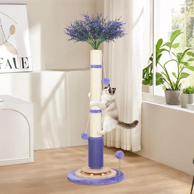 Cat Scratching Post for Indoor Large Adults,45'' Tall Vertical Cat Scratcher with 3.5Inch Diameter Sisal Post for Protect Furniture,Cute Tree with Interactive Ball Toys Self Groomer Brush for All Cats