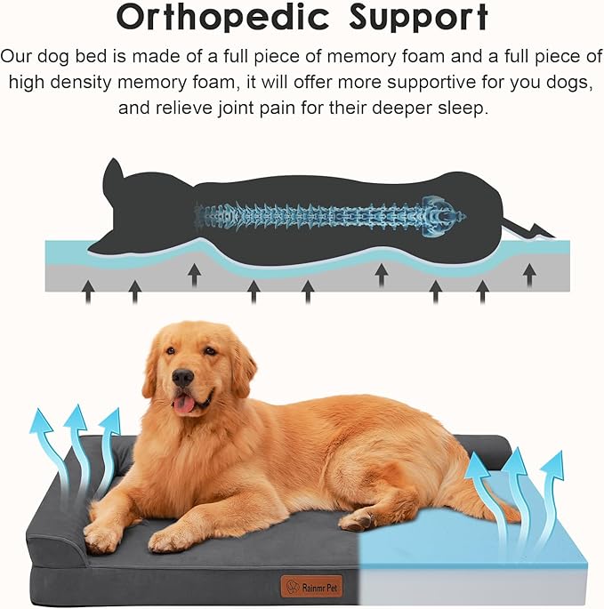 Orthopedic Dog Bed for Large Dogs, 36"x27"x6" Memory Foam Pet Bed with Washable Microsuede Cover, TPU Waterproof Liner & Nonskid Bottom, for Indoor, Outdoor, Crate ＆ Car Use, Dark Grey