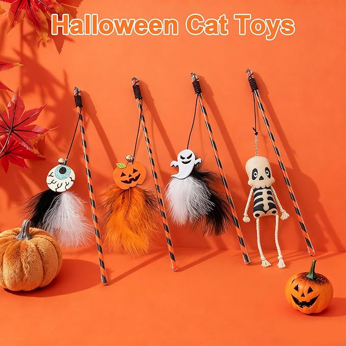 Walfront 4PCS Halloween Cat Toys, Wand Teaser Toys with Bells, Pumpkin, Ghost, Eyeball and Skull, Kitten Interactive Toys, Plush Kitten Plaything Gift Set