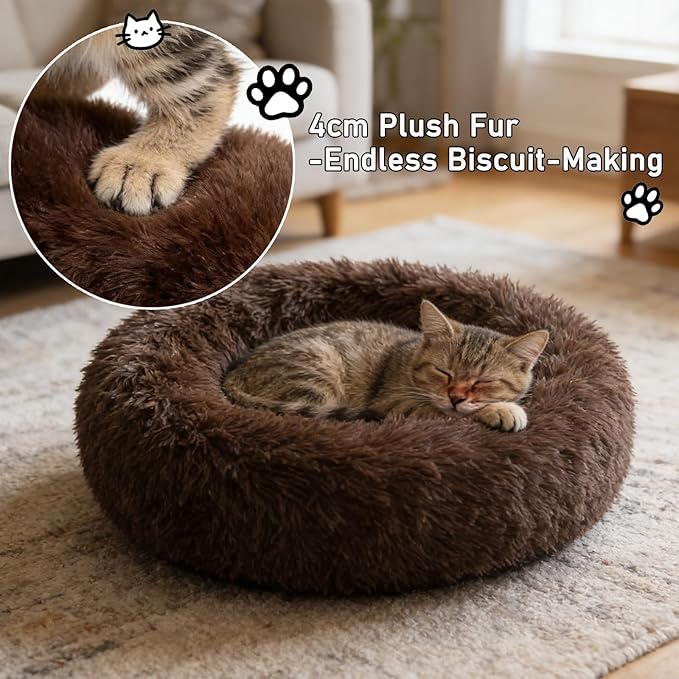 Calming Donut Dog Beds for Small Dogs Cats - Washable Removable Cover Non-Slip Bottom, Round Pet Bed Puppy Bed Warming Fluffy Faux Fur Anti-Anxiety, Fits up to 25 lbs (Coffee, 23")