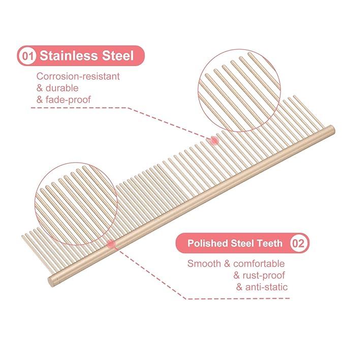 Dog Cat Comb, Pet Combs Stainless Steel Teeth with Rounded Ends for Knots Mats Loose Hair Removal, 7.5IN (Gold Coated, 3 Pack), Grooming Tool Intended for Long Curly Hair Pet