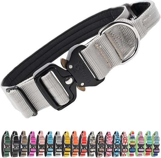 TSPRO Premium Dog Collars Tactical Dog Collar with Handle and Heavy Duty Quick-Release Metal Buckle Durable Thick and Adjustable for Medium to Large Dogs (Silver L)