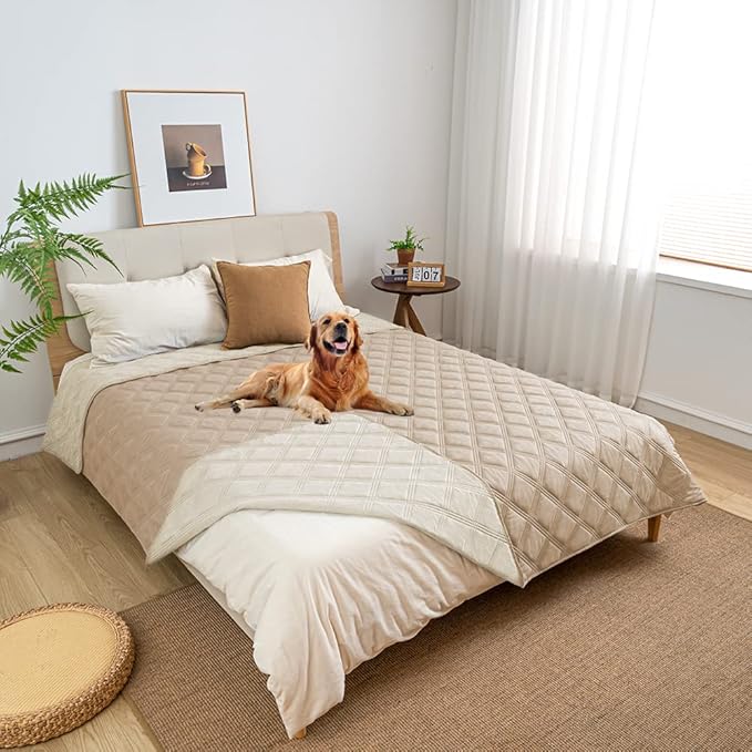 fuguitex Waterproof Dog Blanket, Pet Friendly Reversible Throw Essential for Small Dogs, Tear Resistant Leakproof Washable Couch Cushion Bed Protector Cover for Indoor Furniture（52"*82",Beige+Cream
