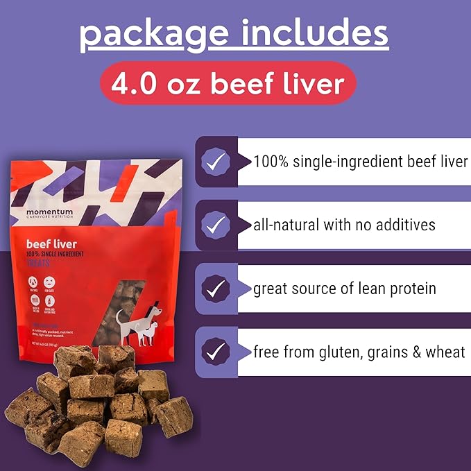 Momentum Carnivore Nutrition Freeze-Dried Beef Liver Dog Treats & Cat Treats – Single-Ingredient, High-Protein, Grain-Free, Nutrient-Rich – Made in USA – 4 oz Bag