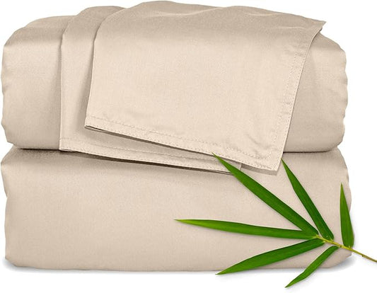 Pure Bamboo Queen Sheets, Genuine 100% Organic Viscose Derived from Bamboo Bed Sheet Set, Luxuriously Soft & Cooling, Double Stitching, 2 Year Quality Promise (Queen, Almond)