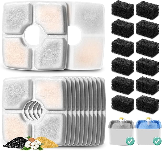 12 Pack Replacement Filters & Pre-filter Sponges for 84oz/2.5L Automatic Pet Fountain, BFLICROY Cat Water Fountain Filter, Triple Filtration Pet Fountain Replacement Filters
