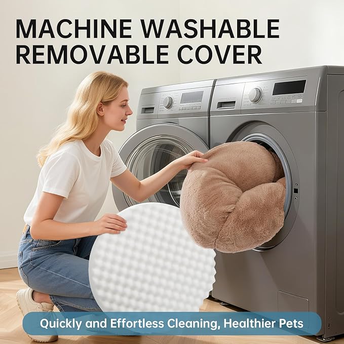 OhGeni 31 inches Calming Donut Orthopedic Dog & Cat Bed for Medium Pets, Warming Comfort Fluffy Short Pile Fur, Durable Waterproof Machine Washable Removable Cover, Cute Round Bed for Puppy, Camel