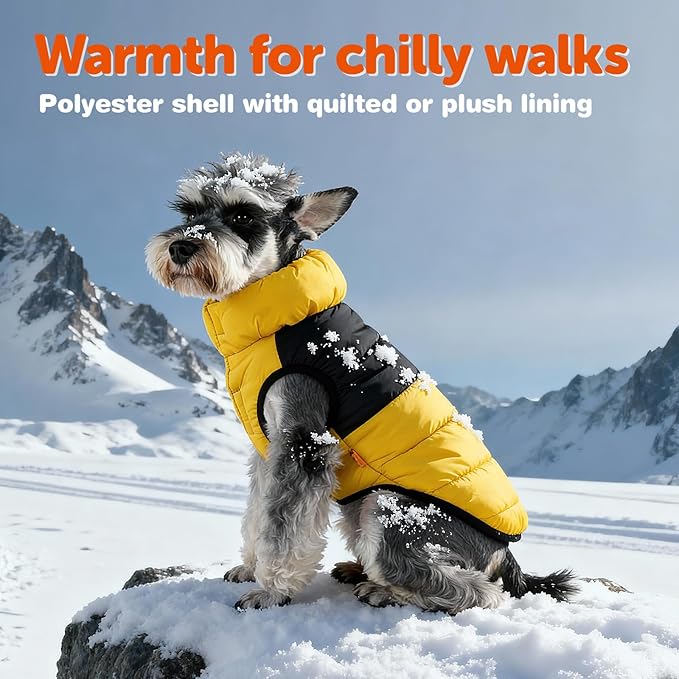 FOFOS Dog Winter Coat, Plush Dog Jacket with Leash Hole, Adjustable Warm Pet Snow Vest for Small Medium Dogs, Yellow, L