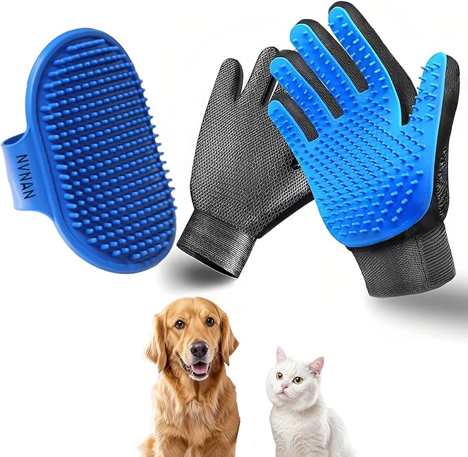 Cat & Dog Grooming Gloves - Dog Shampoo Brush & Deshedding Brush for Shedding, Gentle Pet Hair Remover & Massage Gloves for Cats, Dogs, All Fur Types (1 Brush +1 Pair Gloves)